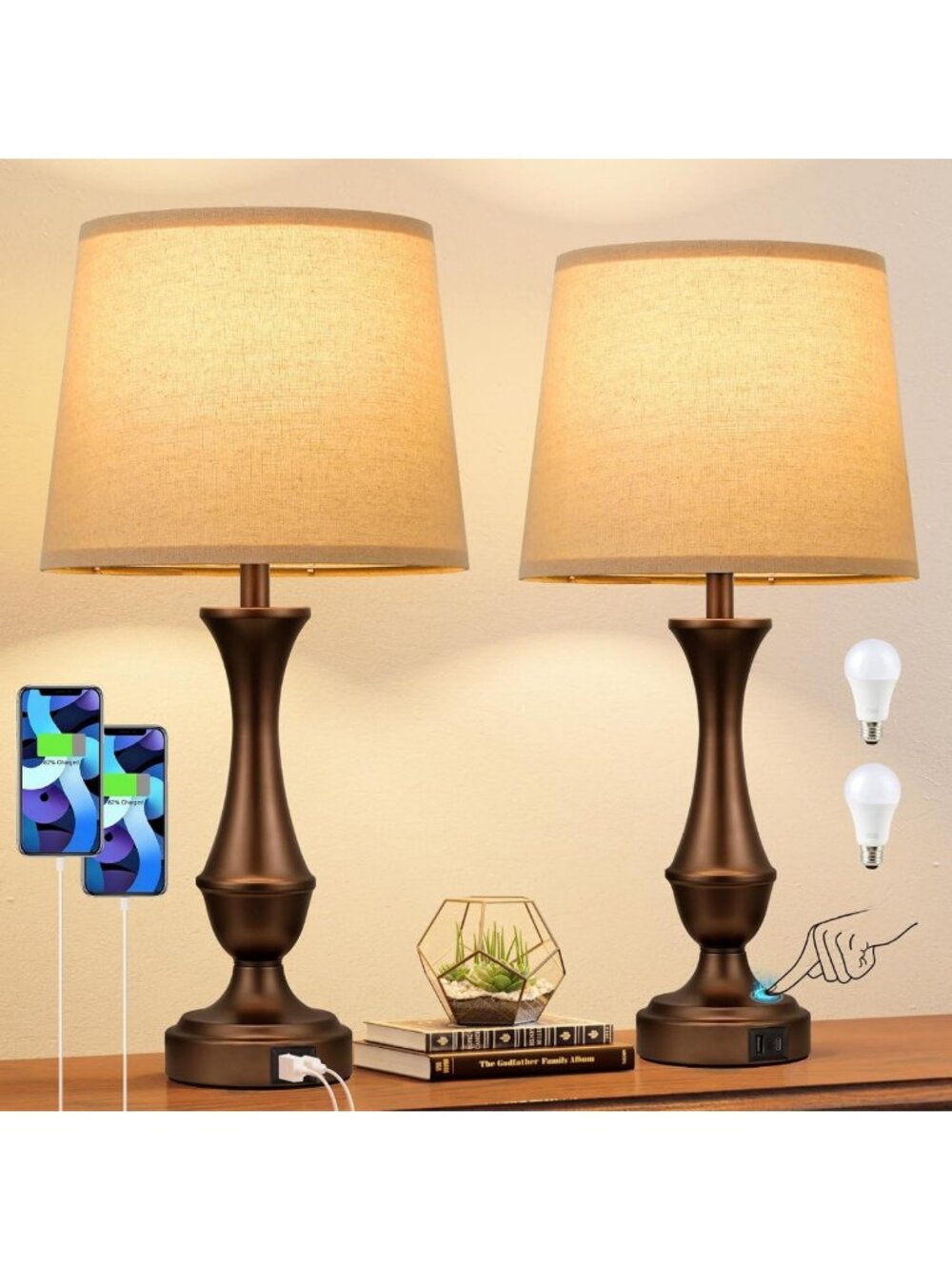 Dimmable Touch Lamps for Bedroom & Living Room | USB Charging Ports, Bulb